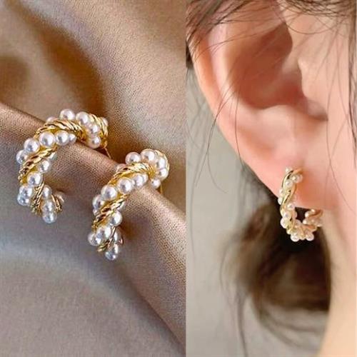 Pearl Twisted Hoop Earrings - 