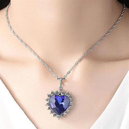 Blue Heart with Diamond Stone Silver Chain Pendant - 